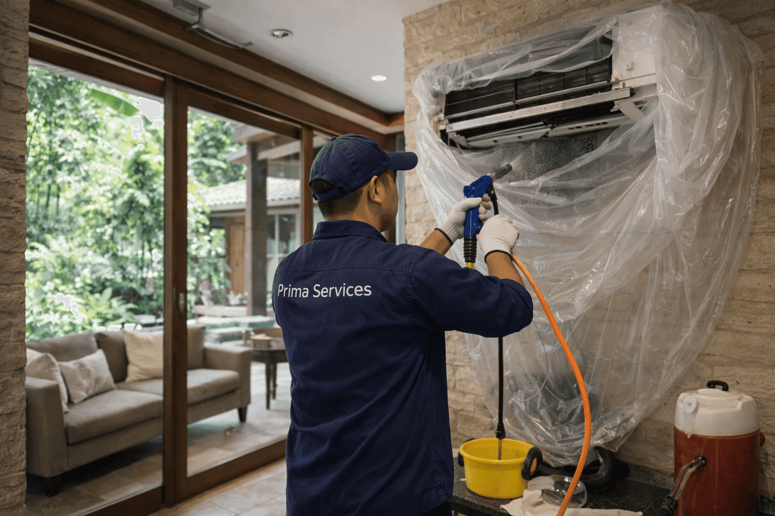 Aircon chemical wash in progress with catchment bag and cleaning solution