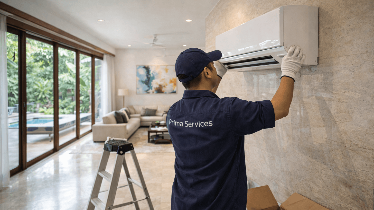 Professional aircon installation with technician mounting indoor unit