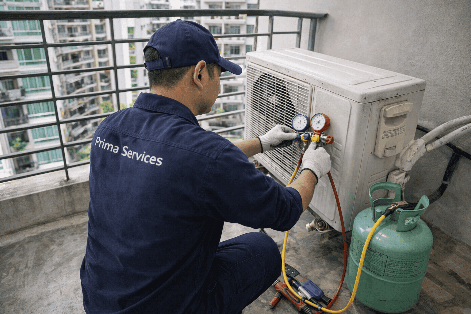 Technician performing aircon gas top-up and leak detection